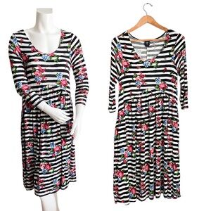 Agnes & Dora Floral Dress 3/4 Sleeves Jersey Knit Stretch Aline Roses Fit Flare